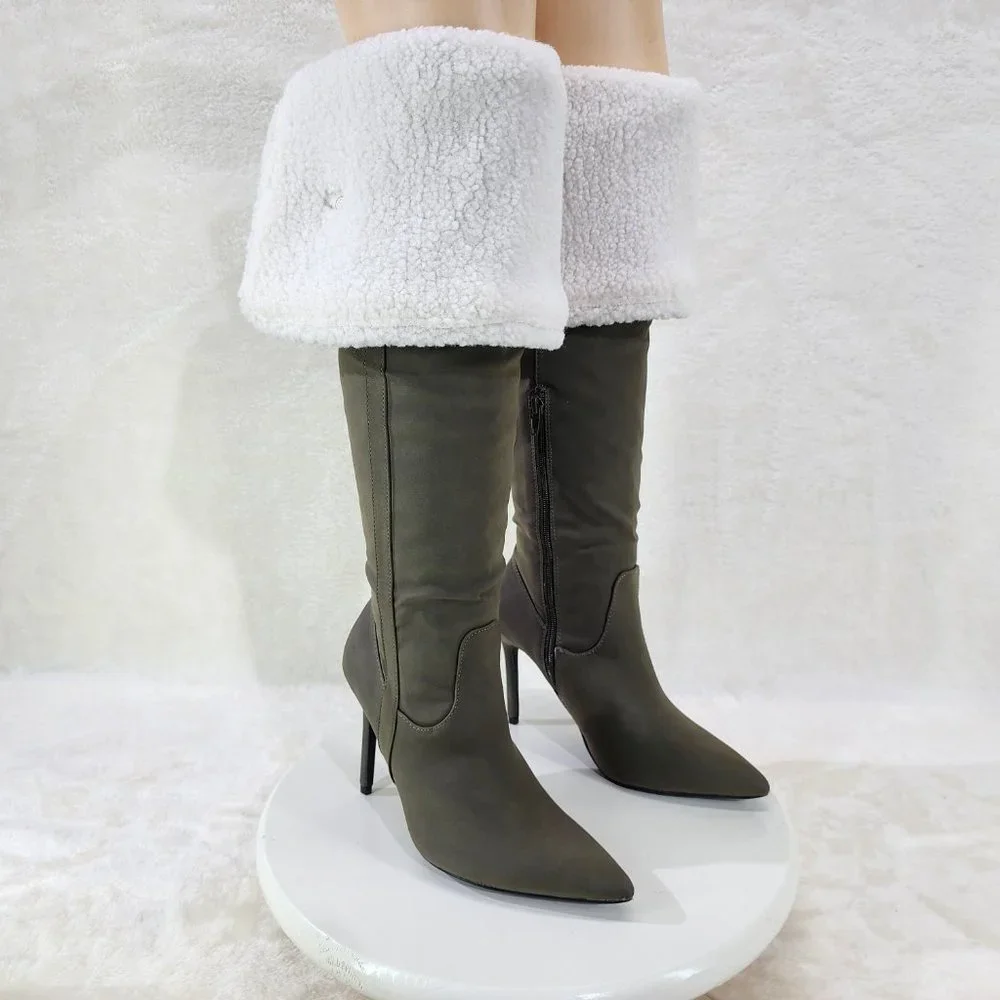 Olive Green Fluffy Fleece Lined  Fold Under / Over the Knee Pointy Toe Boots - Picture 13 of 13